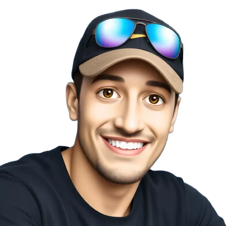 Portrait of a smiling young man with a beard, wearing a cap with reflective sunglasses on top, sitting in front of a blue background, realistic photo style.