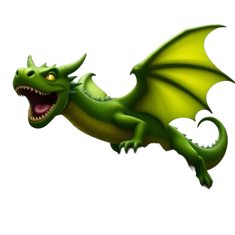 Epic green dragon with glowing eyes, fierce expression, detailed emerald scales, roaring on a mountain peak under a dramatic sky, fantasy art style, cinematic lighting, stormy clouds, high detail.
