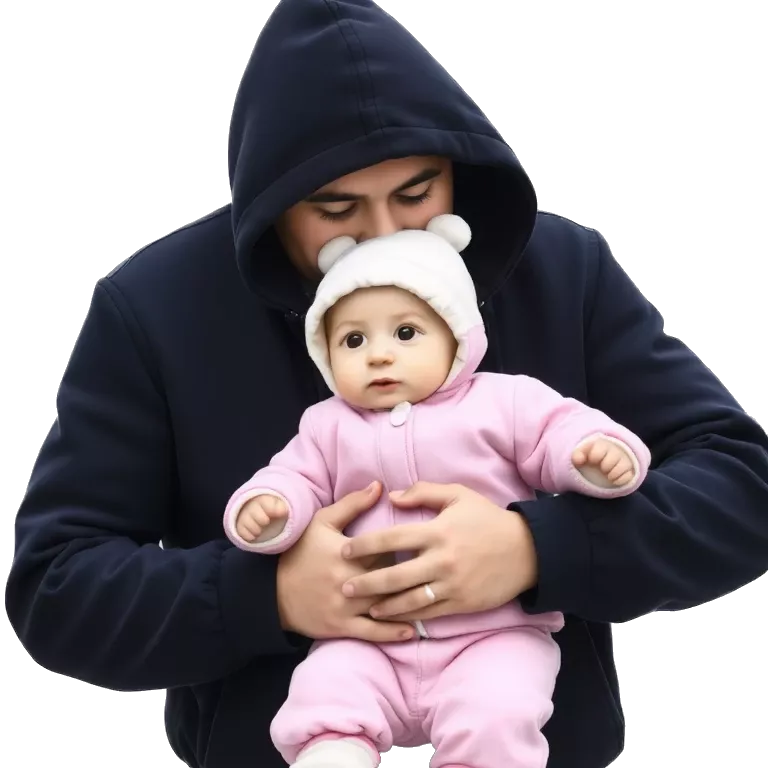 Man in a black hoodie holding a baby dressed in a pink and white winter outfit, outdoor background with cloudy sky, warm and emotional moment, slightly blurry photo style.