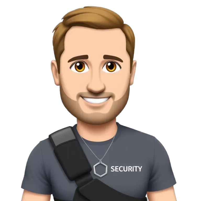 &quot;A cartoon-style portrait of a smiling man work in security with short light brown hair and a trimmed beard. He is wearing a grey t-shirt and a necklace, posing confidently indoors.