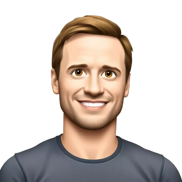 &quot;A cartoon-style portrait of a smiling man with short light brown hair and a trimmed beard. He is wearing a grey t-shirt and a necklace, posing confidently indoors.