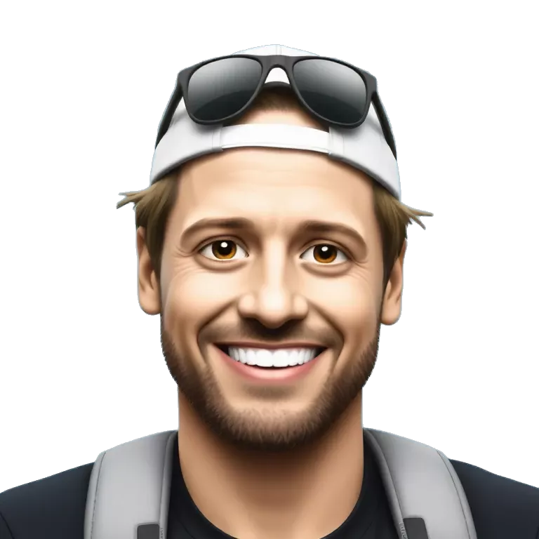 Portrait of a smiling young man with a beard, wearing a cap with reflective sunglasses on top, sitting in front of a blue background, realistic photo style.
