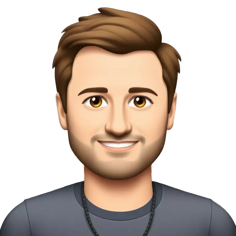&quot;A cartoon-style portrait of a smiling man with short light brown hair and a trimmed beard. He is wearing a grey t-shirt and a necklace, posing confidently indoors.