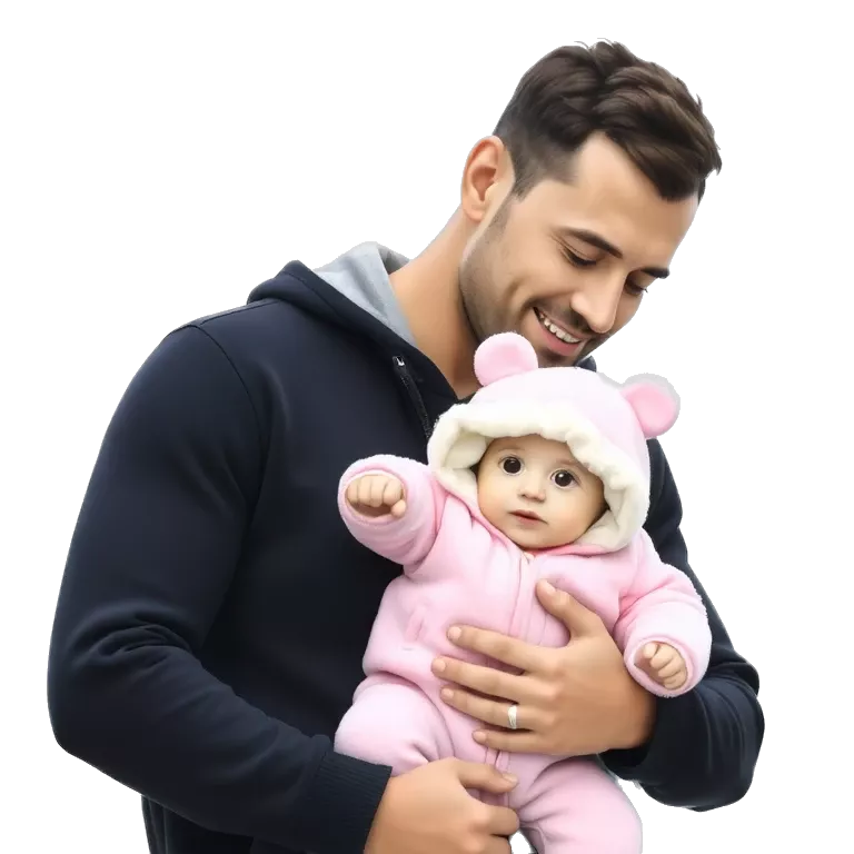 Man in a black hoodie holding a baby dressed in a pink and white winter outfit, outdoor background with cloudy sky, warm and emotional moment, slightly blurry photo style.