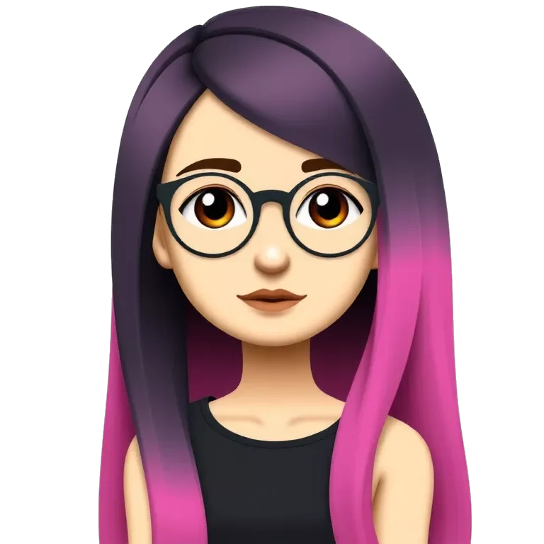 &quot;A cartoon-style portrait of a girl with long hair dyed pink and black, wearing round glasses. She&#039;s looking straight at the viewer with a calm, slightly serious expression.