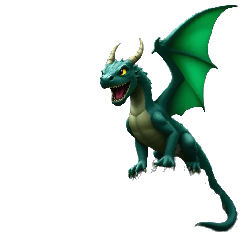 Epic green dragon with glowing eyes, fierce expression, detailed emerald scales, roaring on a mountain peak under a dramatic sky, fantasy art style, cinematic lighting, stormy clouds, high detail.