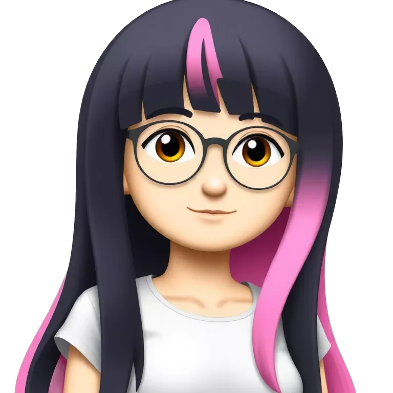 &quot;A cartoon-style portrait of a girl with long hair dyed pink and black, wearing round glasses. She&#039;s looking straight at the viewer with a calm, slightly serious expression.
