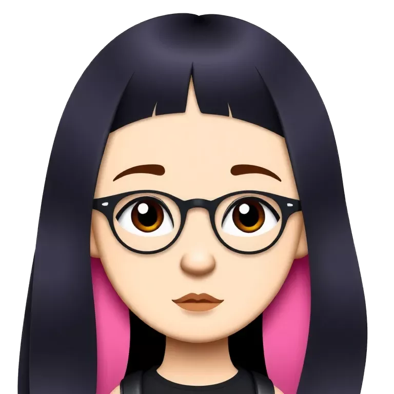 &quot;A cartoon-style portrait of a girl with long hair dyed pink and black, wearing round glasses. She&#039;s looking straight at the viewer with a calm, slightly serious expression.