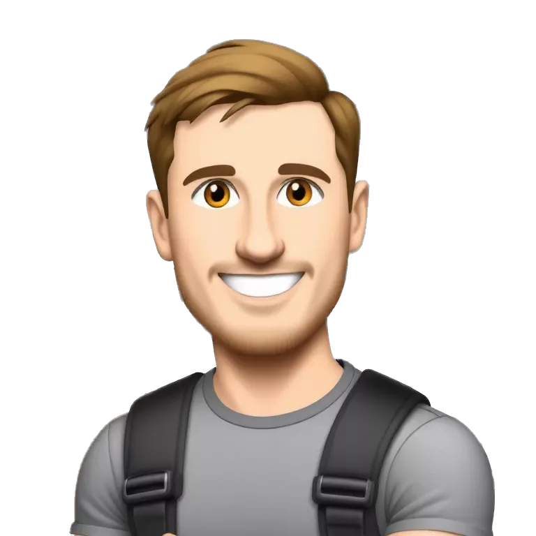 &quot;A cartoon-style portrait of a smiling man work in security with short light brown hair and a trimmed beard. He is wearing a grey t-shirt and a necklace, posing confidently indoors.