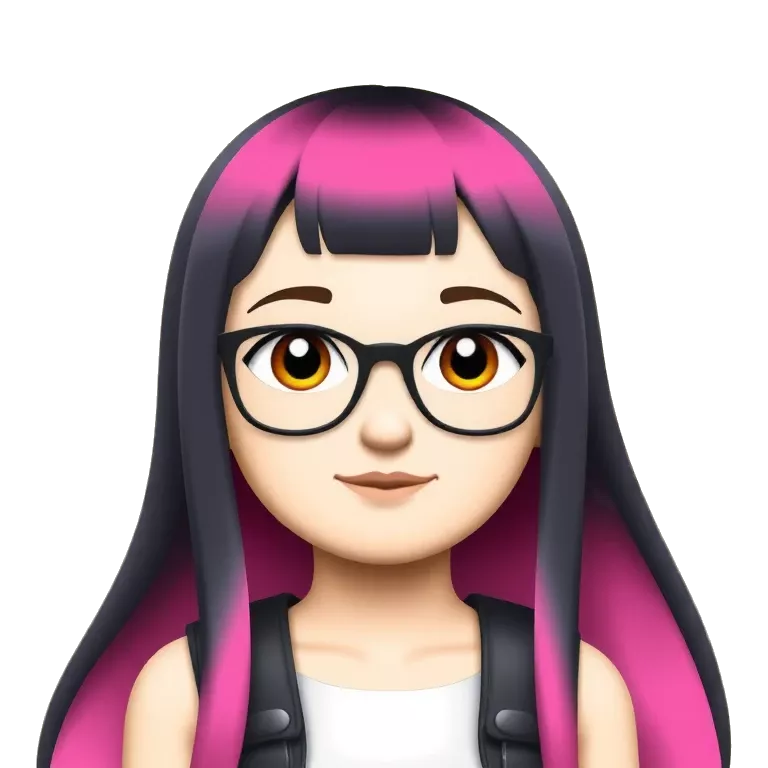 &quot;A cartoon-style portrait of a girl with long hair dyed pink and black, wearing round glasses. She&#039;s looking straight at the viewer with a calm, slightly serious expression.