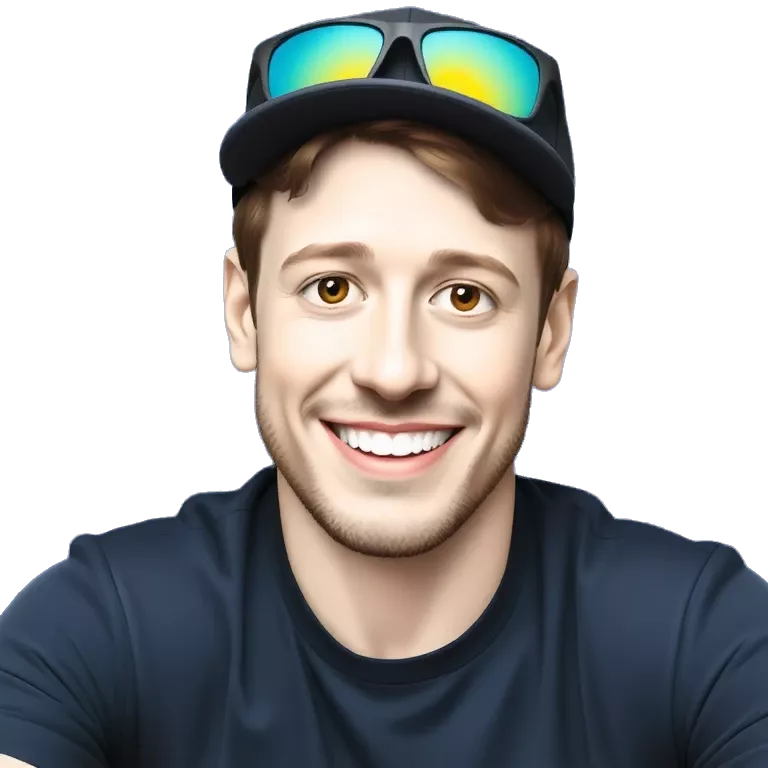 Portrait of a smiling young man with a beard, wearing a cap with reflective sunglasses on top, sitting in front of a blue background, realistic photo style.