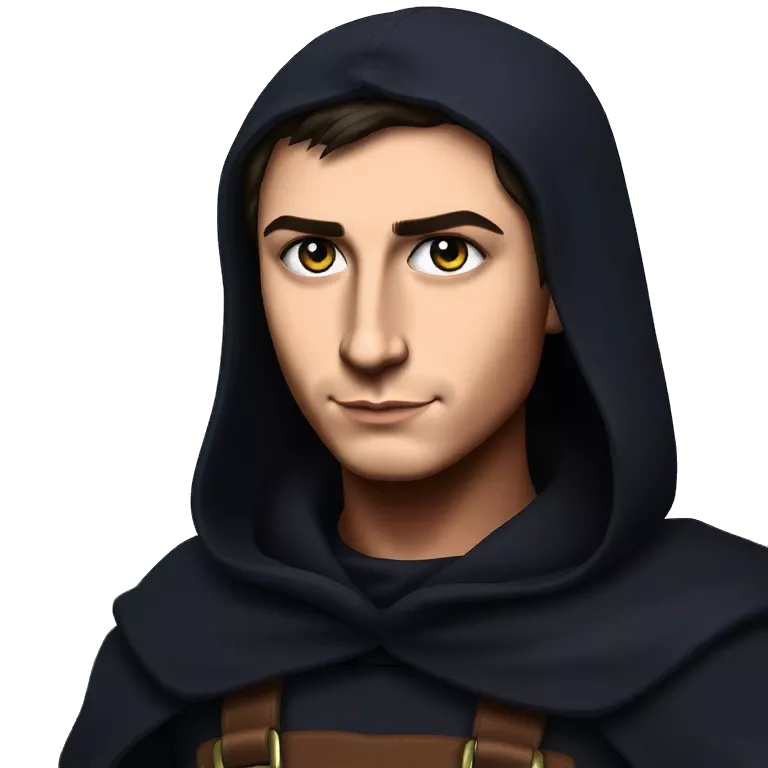 Realistic cartoon portrait of a mysterious young man with a confident, intense expression, wearing a dark hooded cloak in a dark forest setting. He has sharp facial features, glowing eyes, and a small goatee.