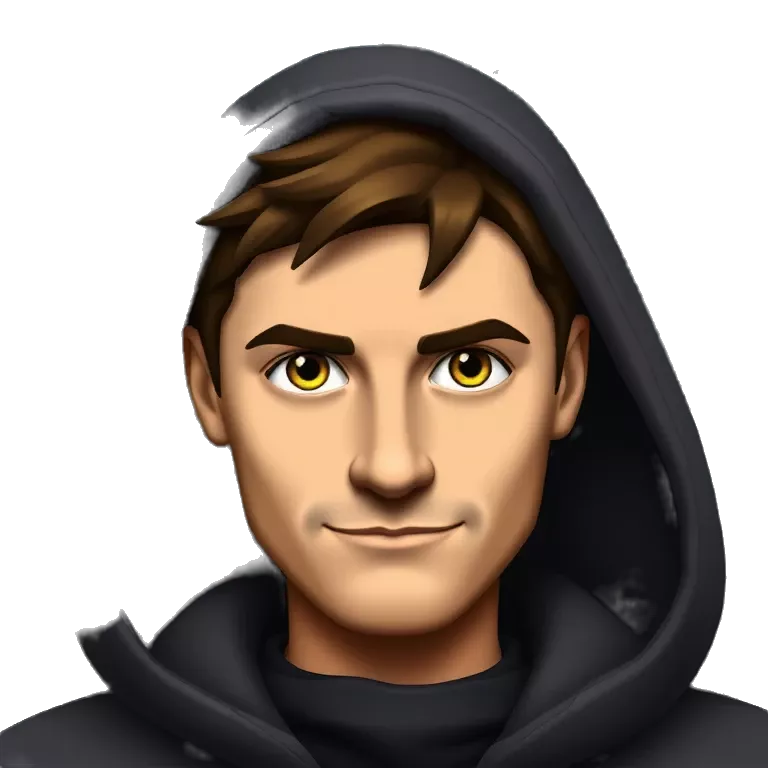 Realistic cartoon portrait of a mysterious young man with a confident, intense expression, wearing a dark hooded cloak in a dark forest setting. He has sharp facial features, glowing eyes, and a small goatee.