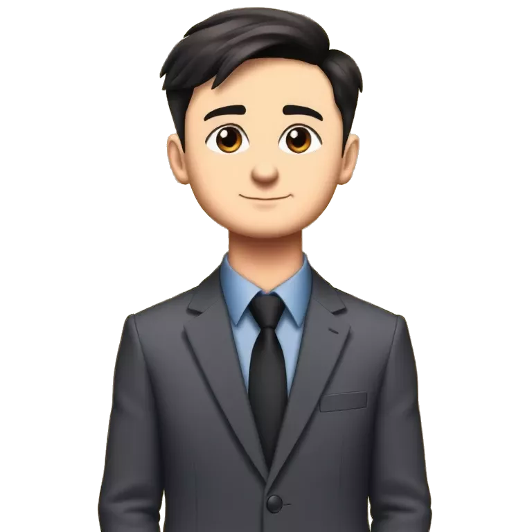 Realistic cartoon style portrait of a young man standing in front of a golden curtain background, wearing a formal grey suit with a blue shirt and dark tie. He has short dark hair and a slight smile, with a professional and composed posture.