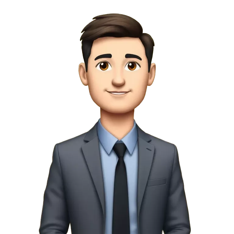 Realistic cartoon style portrait of a young man standing in front of a golden curtain background, wearing a formal grey suit with a blue shirt and dark tie. He has short dark hair and a slight smile, with a professional and composed posture.