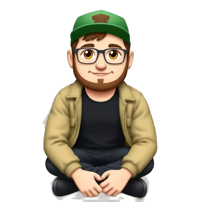 Cartoon-style portrait of a smiling young man with a beard, wearing glasses and a green cap, sitting on a wooden dock by a lake.