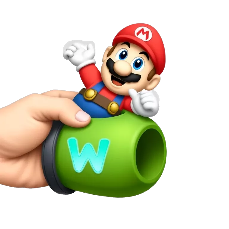 Cartoon-style illustration of a toy Mario figure popping out of a green pipe, held in a realistic hand. The pipe has a glowing blue &#039;W&#039; on it and the name &#039;LANDRY&#039; in bold white letters at the bottom. Bright lighting, colorful details, playful and dynamic composition, fun and energetic vibe.