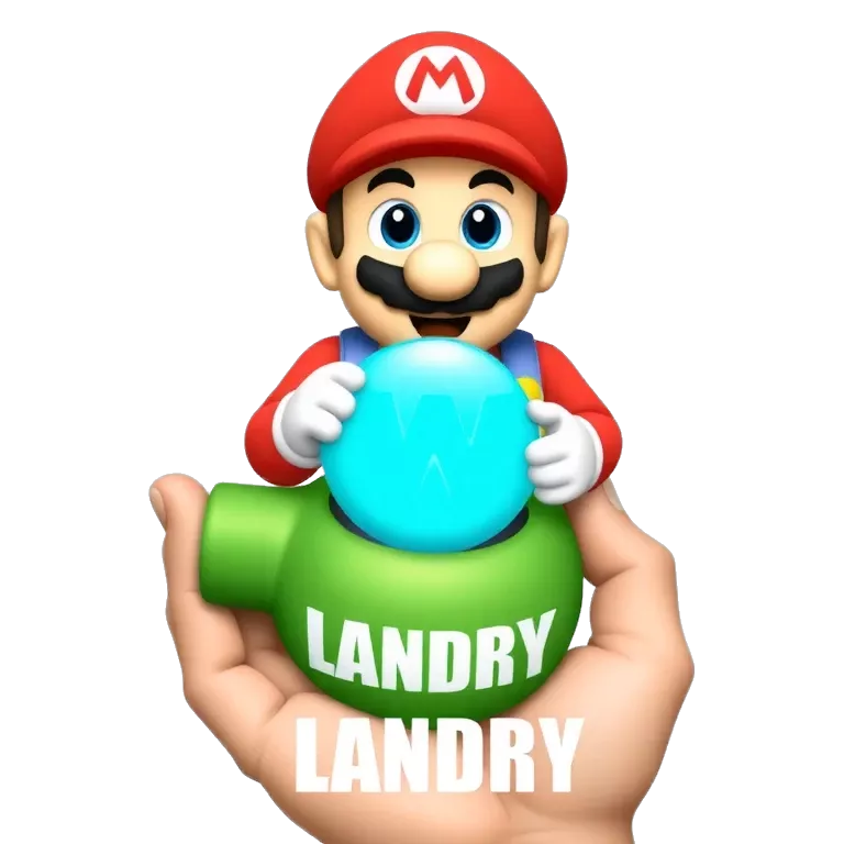 Cartoon-style illustration of a toy Mario figure popping out of a green pipe, held in a realistic hand. The pipe has a glowing blue &#039;W&#039; on it and the name &#039;LANDRY&#039; in bold white letters at the bottom. Bright lighting, colorful details, playful and dynamic composition, fun and energetic vibe.