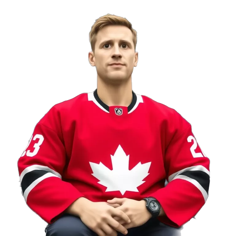 Meme-style image of a confident man wearing a red hockey jersey, sitting in an arena