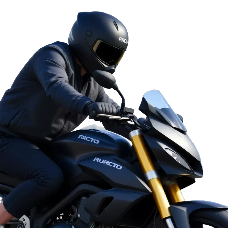 Epic meme-style image of a biker in full black gear and helmet, riding a sport motorcycle on a sunny day