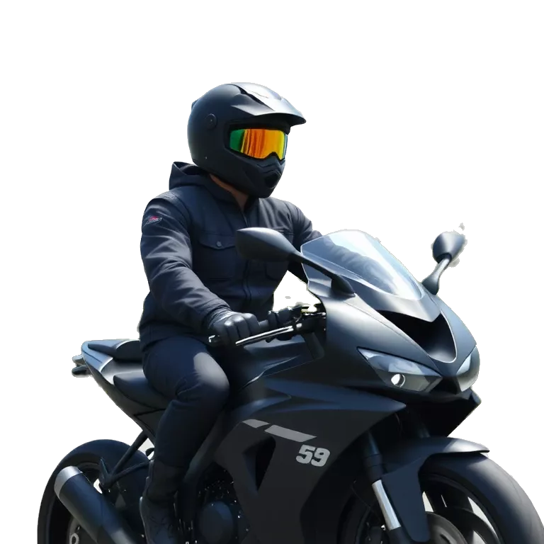 Epic meme-style image of a biker in full black gear and helmet, riding a sport motorcycle on a sunny day