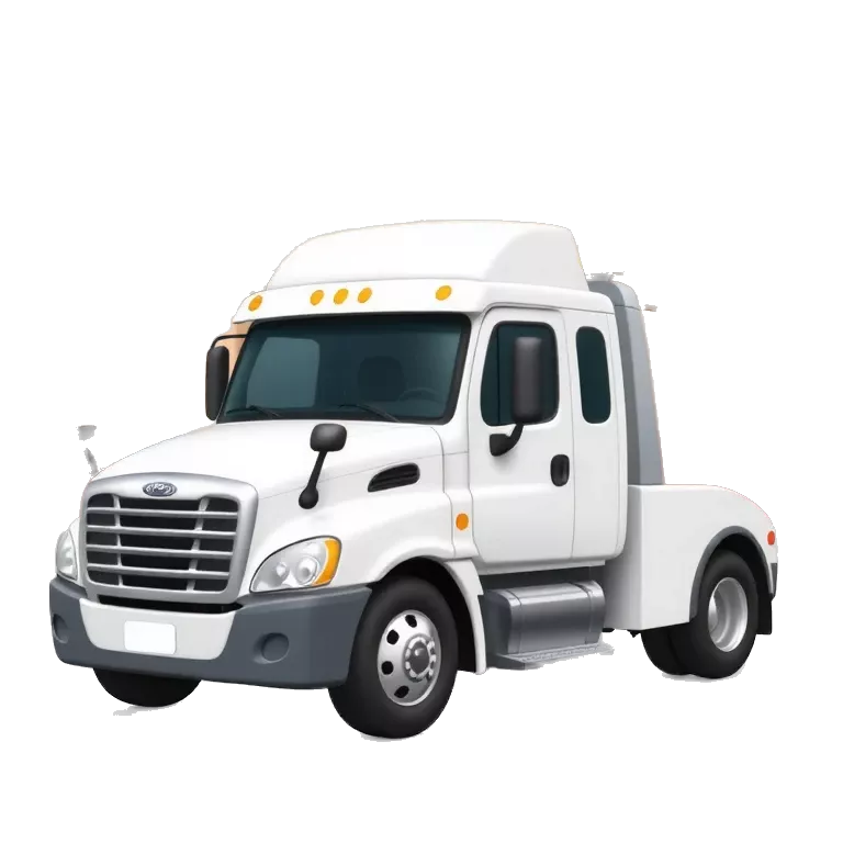 Funny cartoon-style image of a clean white tow truck in front of an industrial building,