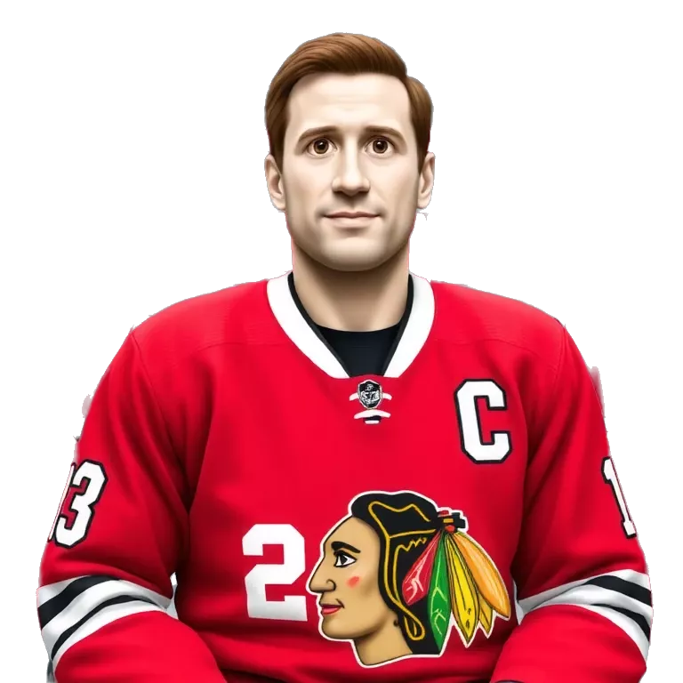 Meme-style image of a confident man wearing a red hockey jersey, sitting in an arena