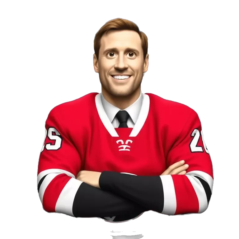 Meme-style image of a confident man wearing a red hockey jersey, sitting in an arena