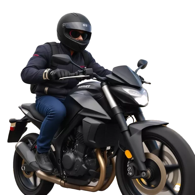 Epic meme-style image of a biker in full black gear and helmet, riding a sport motorcycle on a sunny day