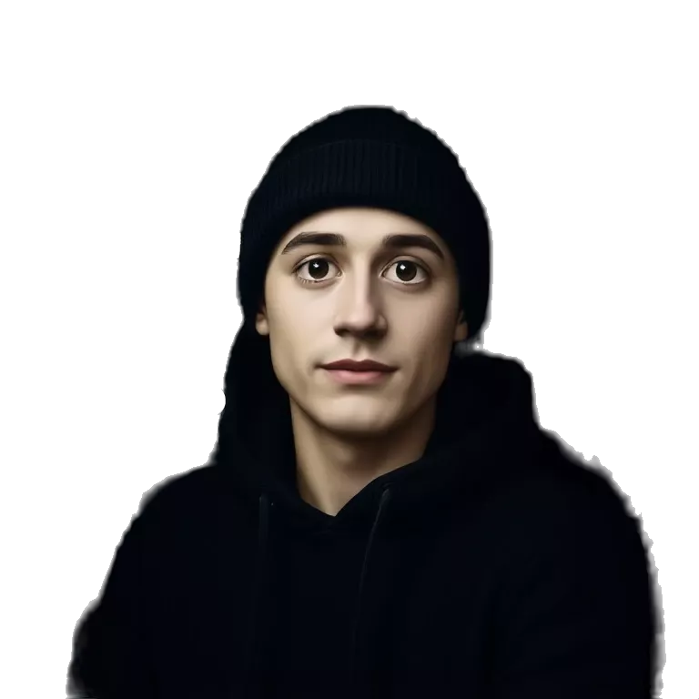 Moody half-lit portrait of a young man wearing a black beanie and hoodie, sitting in a dimly lit car at night, serious expression, soft shadows, urban lights faintly glowing in the background, cinematic vibe.