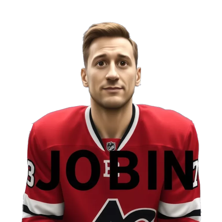 Meme-style image of a confident man wearing a red hockey jersey, sitting in an arena with bold text “JOBIN”