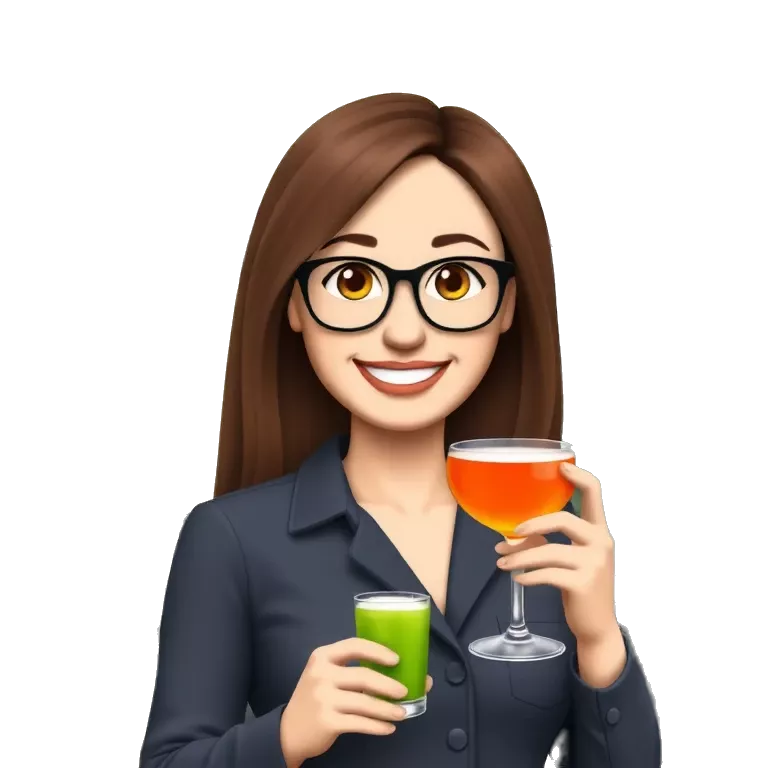 Smiling woman with long brown hair and glasses, holding a drink on a sunny terrace. Cartoon style, clean lines, expressive face, vibrant colors.