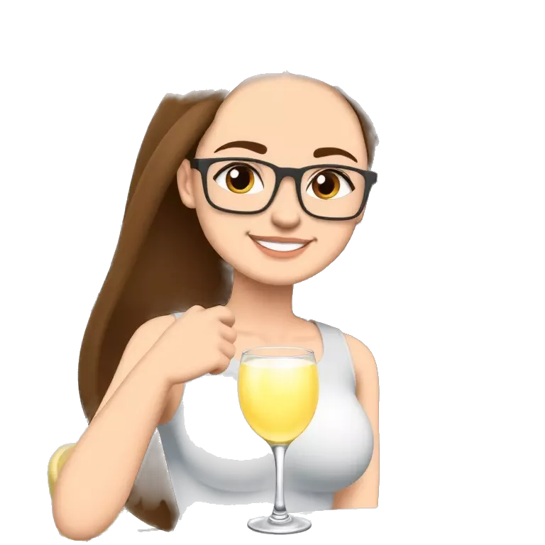 Smiling woman with long brown hair and glasses, holding a drink on a sunny terrace. Cartoon style, clean lines, expressive face, vibrant colors.
